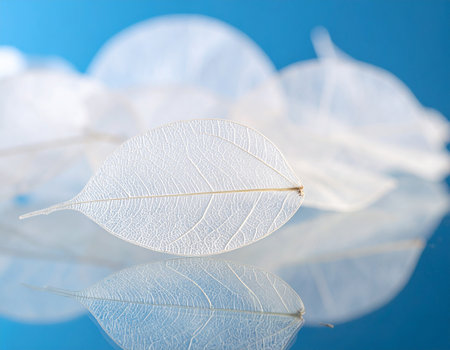 A delicate white skeleton leaf with intricate veins on a reflective blue surface.の素材