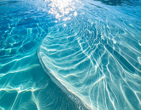 Close-up of sunlit turquoise water with shimmering light reflections on the surfaceの素材