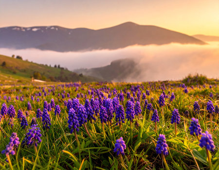 Purple grape hyacinth flowers bloom in a meadow with misty mountains in the background at sunrise.の素材