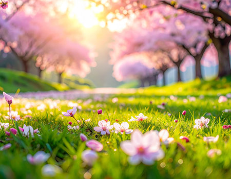 Spring cherry blossom trees line a path with sunbeams, fallen petals on green grass.の素材