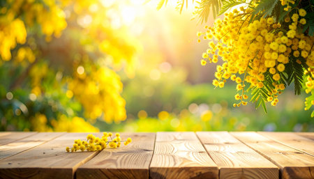Rustic wooden table with mimosa flowers and sun-drenched spring meadow Clear details and vibrant colors enhan...の素材