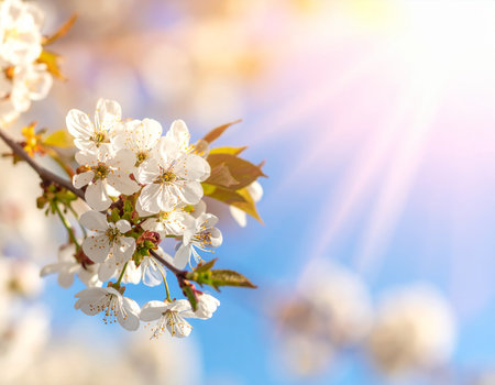 Photo showing cluster of white cherry blossoms on a branch with sun rays and blue sky keywords: spring,...の素材
