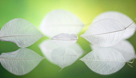 Several white skeleton leaves with visible veins are arranged on a reflective surface.の素材