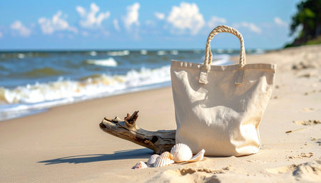 Canvas beach bag with rope handles on sand with shells and driftwood near ocean waves.の素材
