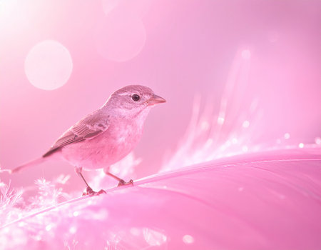 A small pink bird sits on a soft pink feather with bokeh lights in the background.の素材
