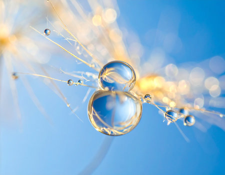 Two stacked dew drops on dandelion seeds reflect the blue sky in macro detail. Clear details and vibrant colo...の素材