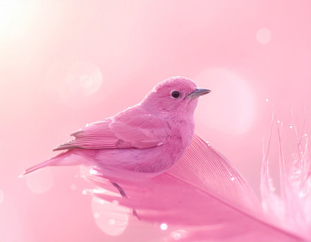 A small pink bird is sitting on a large pink feather with water droplets and soft pink bokeh.の素材