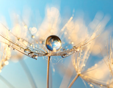 A single large dew drop reflects the blue sky on a delicate dandelion seed. Clear details and vibrant colors ...の素材