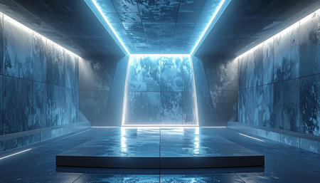 A futuristic, minimalist interior space with blue neon lighting and a wet, reflective floor.の素材