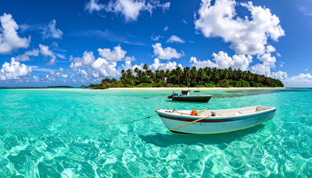 A tropical island with palm trees and boats in crystal clear turquoise ocean waterの素材
