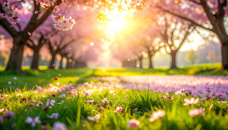 Sunlit cherry blossom trees line a path with falling pink petals on green grass. Clear details and vibrant co...の素材