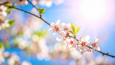 Photo showing close-up of white cherry blossoms on a branch with soft sunlight and blue sky keywords:...の素材