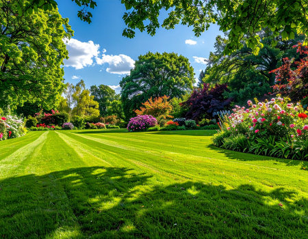 A vibrant green lawn stretches towards colorful flower beds and lush trees under a bright blue sky.の素材