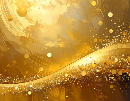 Abstract golden swirls and shimmering particles create a luxurious and dynamic background.の素材