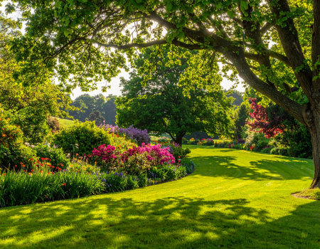 Sunlight filters through trees onto a lush garden lawn with colorful flower beds.の素材