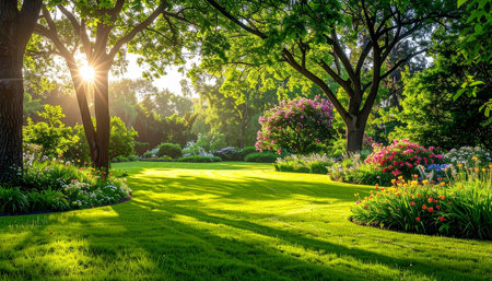Sunbeams illuminate a vibrant green garden with blooming flowers and lush trees Clear details and vibrant col...の素材