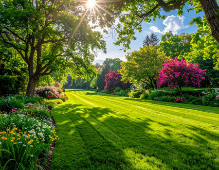 Sunbeams pierce through trees onto a vibrant green lawn bordered by colorful flowers and lush foliage.の素材