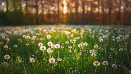 A field of fluffy dandelion seed heads glows in golden sunset light. Clear details and vibrant colors enhance...の素材
