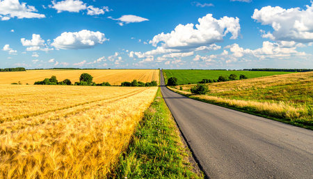 Photo showing winding asphalt road through golden wheat and green fields under a bright sky keywords:...の素材