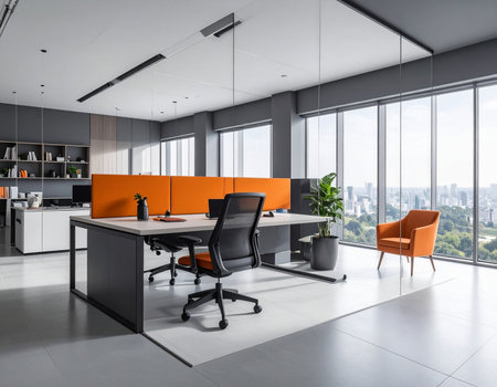 Sleek office with orange partitions, modern desk, and a panoramic city view Clear details and vibrant colors ...の素材