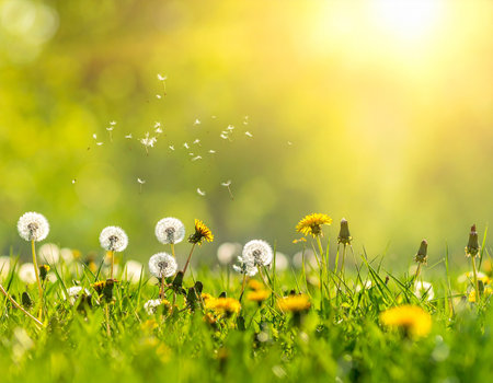 Dandelion seeds floating in the air in a sunny meadow with green grass Clear details and vibrant colors enhan...の素材