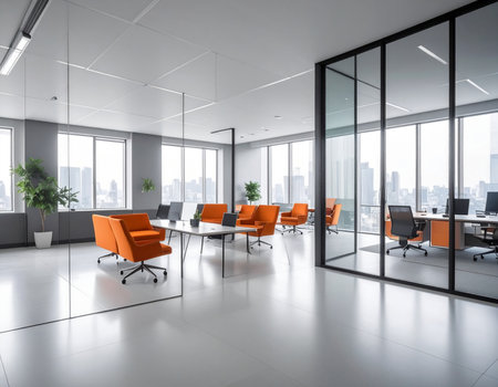 Bright modern office with glass walls, orange chairs, and city views Clear details and vibrant colors enhance...の素材