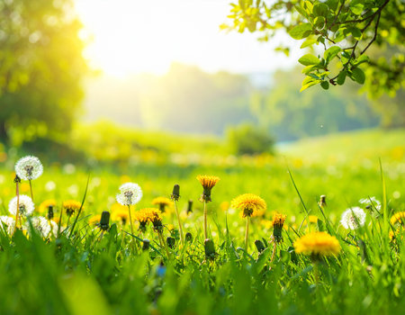 Filled showing sunny meadow with dandelions and green grass in soft sunlight keywords: dandelion, meadow,...の素材