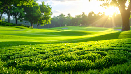 Lush green golf course fairway bathed in warm golden sunlight with trees Clear details and vibrant colors enh...の素材