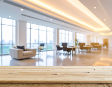 Modern office lobby with comfortable seating, large windows and a polished floor.の素材