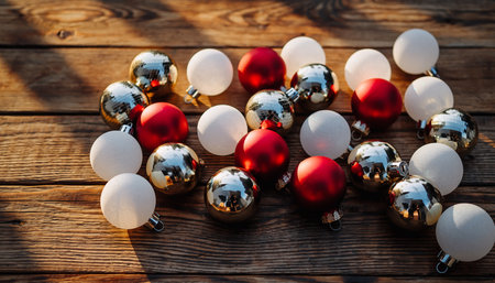 Red, silver, and white Christmas baubles arranged on a rustic wooden surface with sunlight.の素材
