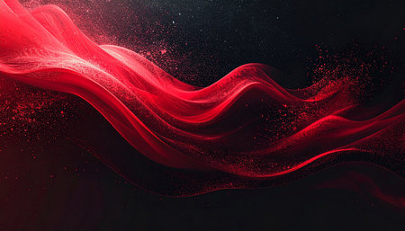 Abstract flowing red fabric with sparkling particles on a dark background Clear details and vibrant colors en...の素材