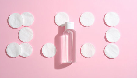 Clear liquid bottle and cotton pads arranged on a pink surface. Clear details and vibrant colors enhance visu...の素材