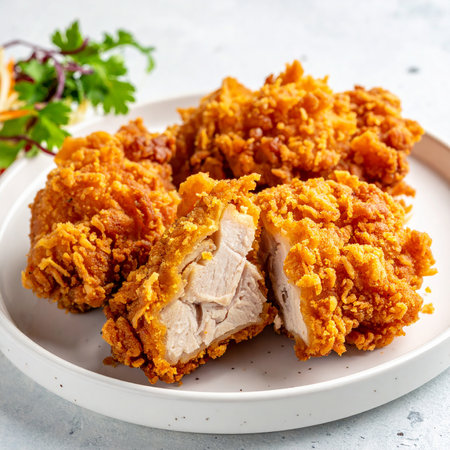 A close-up of crispy fried chicken pieces, one cut open revealing the white meat insideの素材