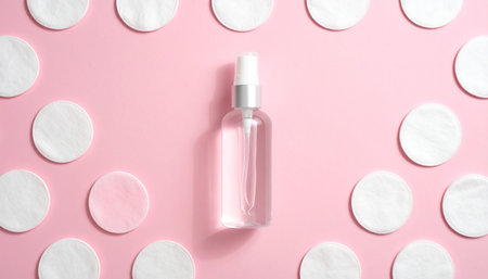 Clear spray bottle surrounded by cotton pads on a pink background. Clear details and vibrant colors enhance v...の素材