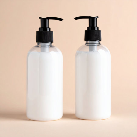 Two white pump bottles with black dispensers stand side by side on a neutral background.の素材