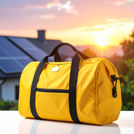 A yellow duffel bag with black straps is positioned against a sunset sky and a house.の素材