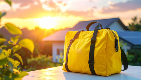 Yellow duffel bag on a white surface with a sunset, house, and solar panels. Clear details and vibrant colors...の素材