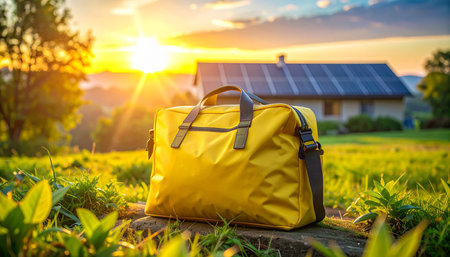 Yellow duffel bag on a rock in a green field at sunset with a house and solar panels.の素材