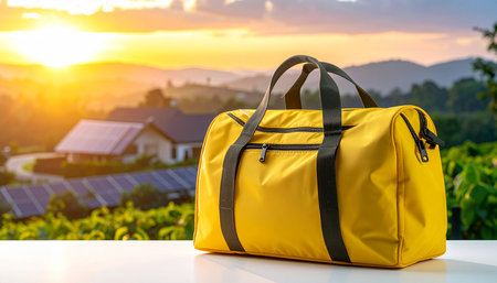 Yellow duffel bag on a white surface with a sunset over hills and houses. Clear details and vibrant colors en...の素材