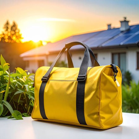 A yellow duffel bag is placed in front of a house with solar panels during a sunset.の素材