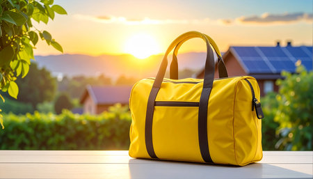 Yellow duffel bag on a white surface with a sunset and houses in the background. Clear details and vibrant co...の素材
