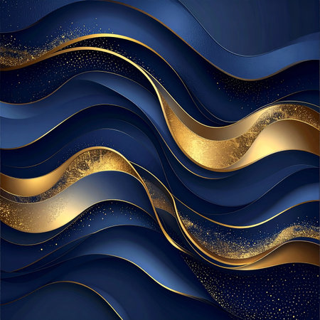 Swirling deep blue and gold abstract waves with shimmering glitter particles. Clear details and vibrant color...の素材