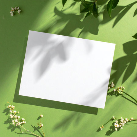 A white paper card is placed on a green surface with small white flowers and leaves.の素材