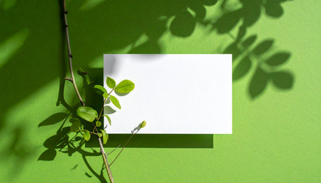 A blank white card rests on a vibrant green surface with a branch and leaves casting shadows.の素材