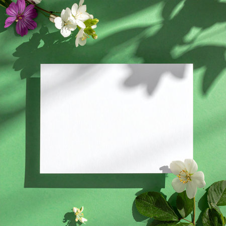 A white paper card rests on a green surface with flowers and leaves. Clear details and vibrant colors enhance...の素材