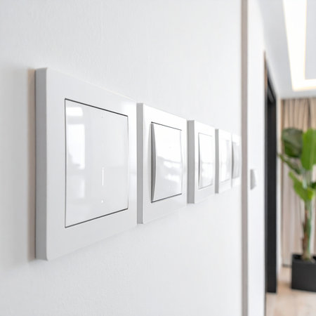 A line of white modern light switches and control panels are mounted on a white wall.の素材