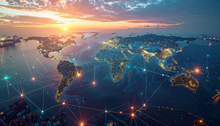 A glowing world map with interconnected cities and ports at sunset. Clear details and vibrant colors enhance ...の素材