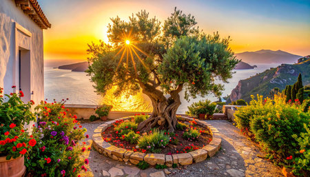 Ancient olive tree with sunburst at sunset over the sea, surrounded by flowers Clear details and vibrant colo...の素材