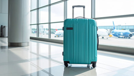 A teal suitcase is positioned in an airport terminal with airplanes visible through the windows.の素材