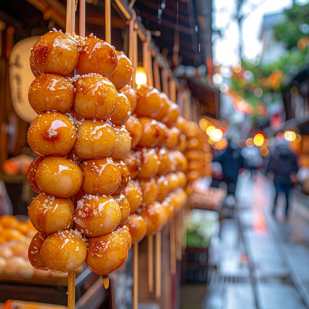 Close-up of sweet glazed balls on wooden skewers at a Japanese street food stall Clear details and vibrant col...の素材